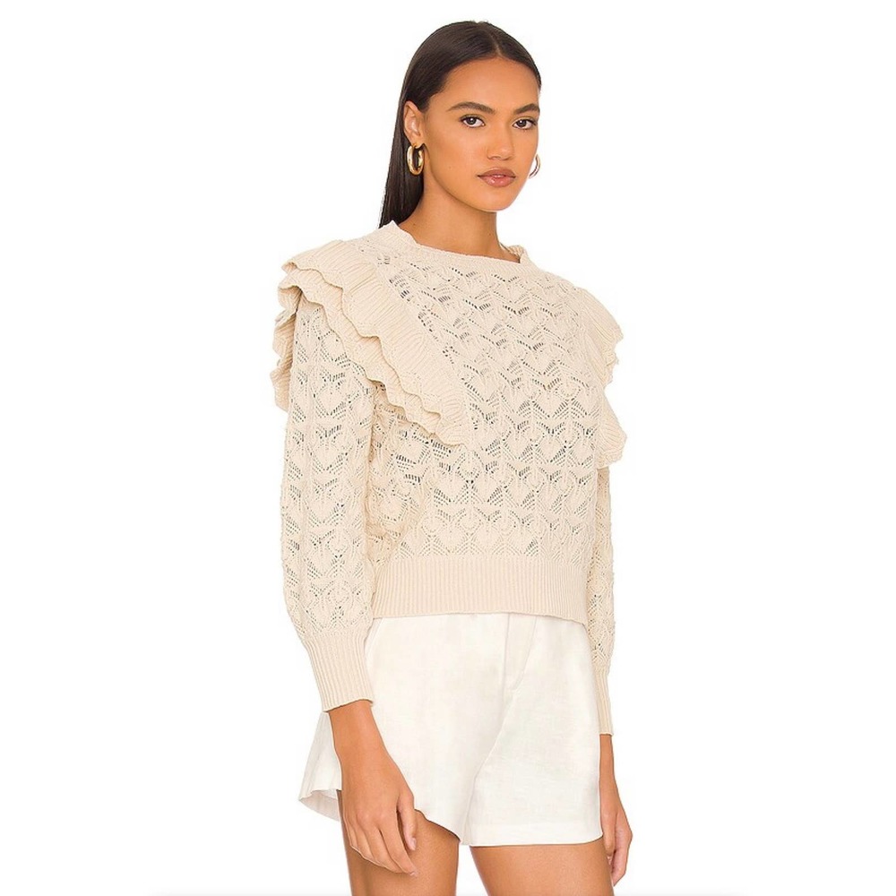 LINE + DOT Diane Sweater Womens Large Cream Crochet Ruffle Shoulder Round Neck - Picture 3 of 15